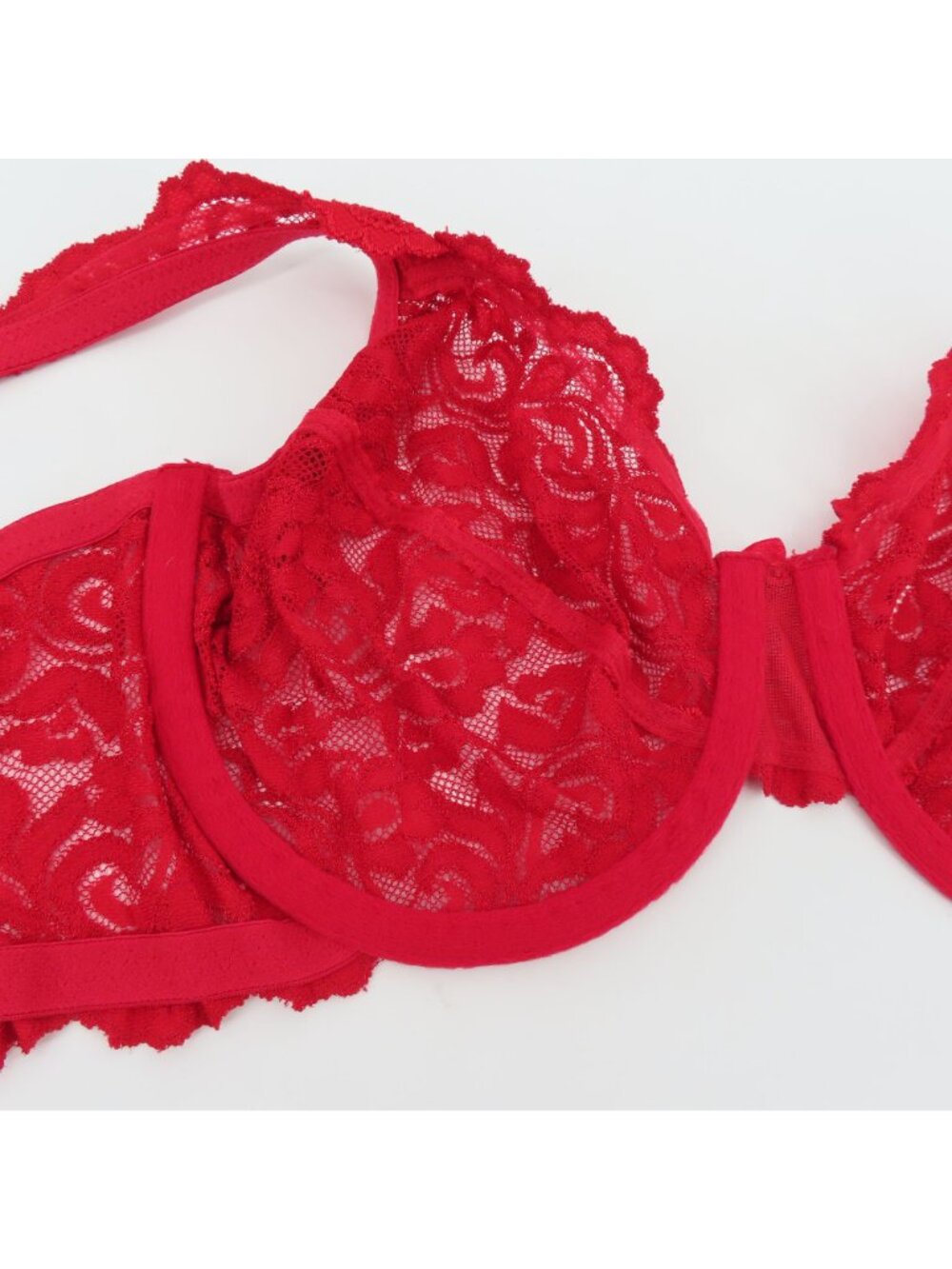Secret Treasures 38D Bra Rhinestone Sheer Solid Red Lace Mesh Underwire Unlined - Picture 9 of 15